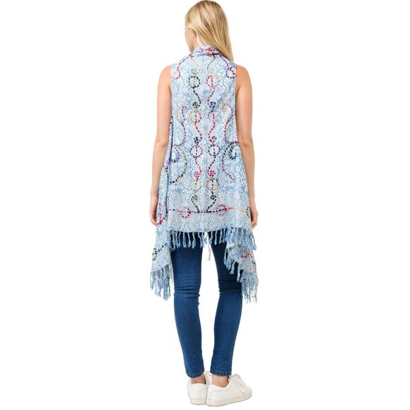 New Design Long Vest Boho Embroidered Gift Fringe Cool Blue Skyler Vest 1 Size - Picture 4 of 5